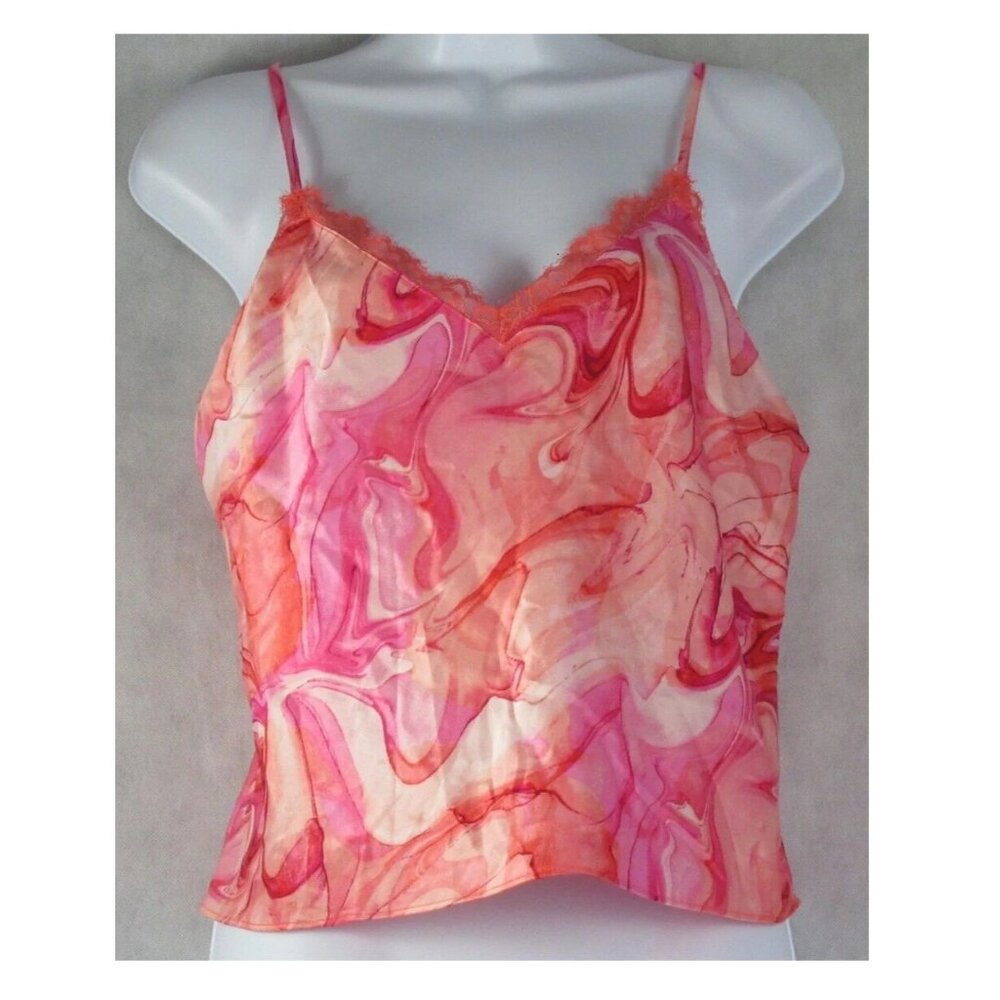 INC Women's Sleeveless Lace-Trim Satin Pajama Top, Pink Marble Multi, XL